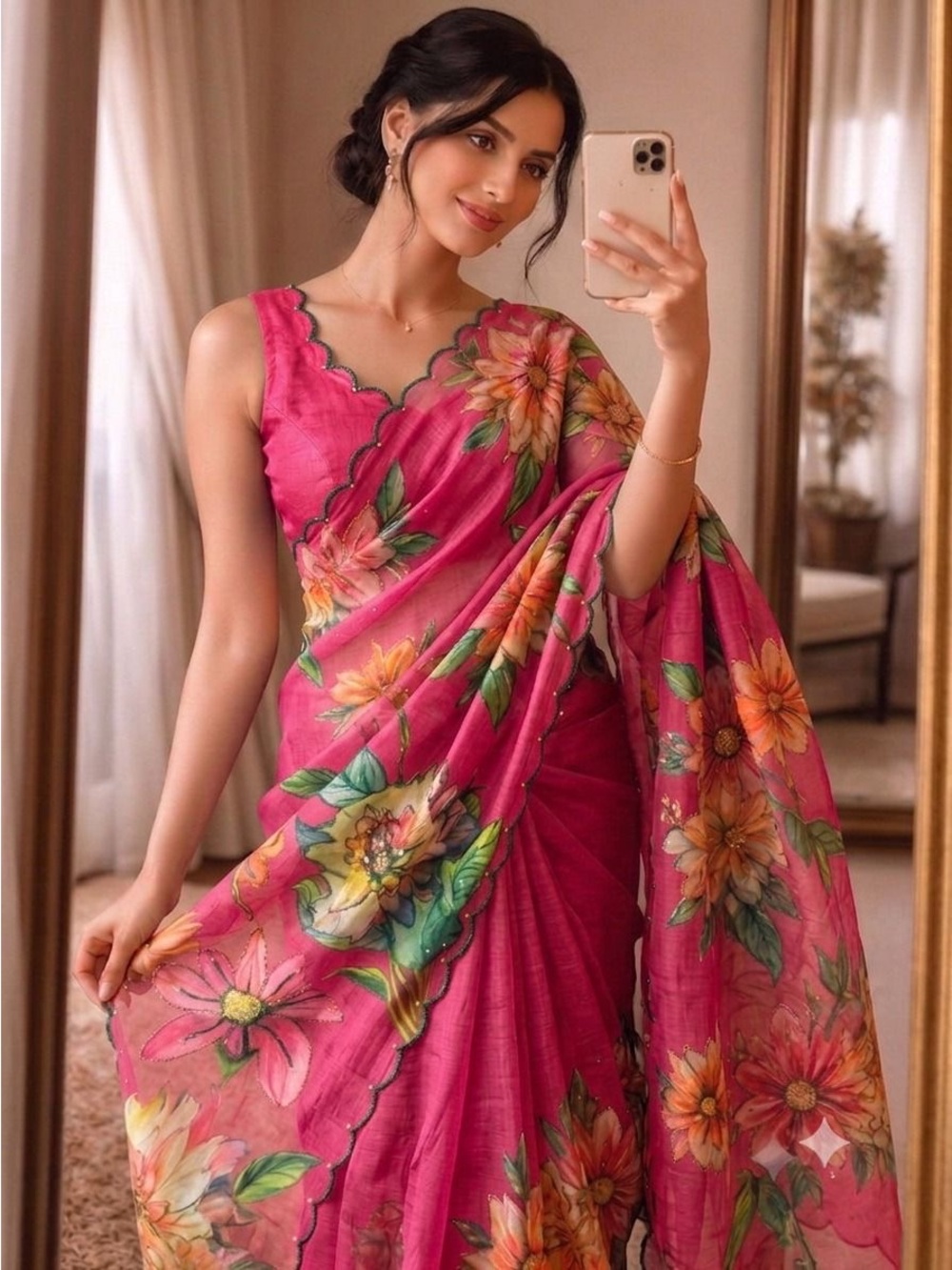 Pink Floral Hand painted Linen Saree with Scalloped /Edge beaded work